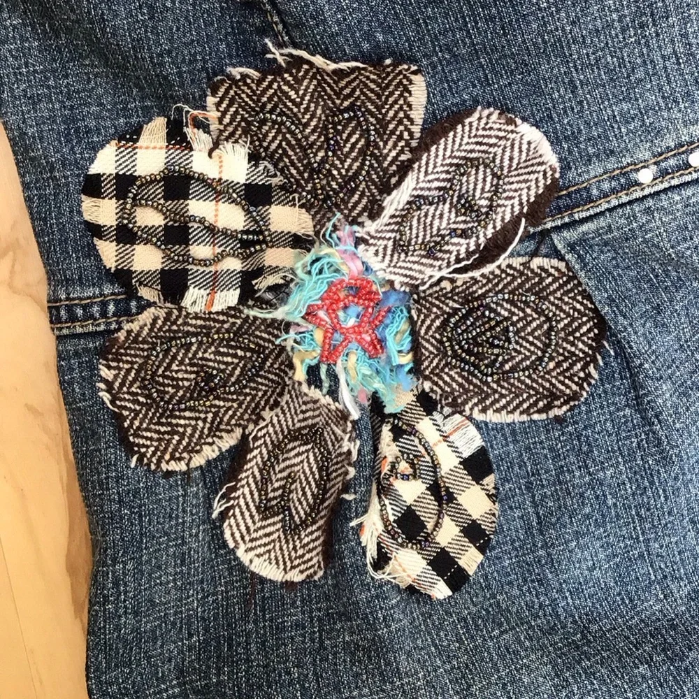 Y2K Rhinestone Bling Plaid Flower Ruffled Blue‎ Jean Denim Pleat Twee Mini Skirt
